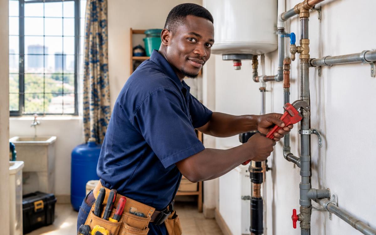 A plumber with a tool belt working on building pipework